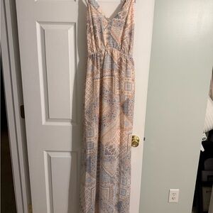 Grey Bandit V-Neck Patchwork Maxi Dress in Peach and Light Blue